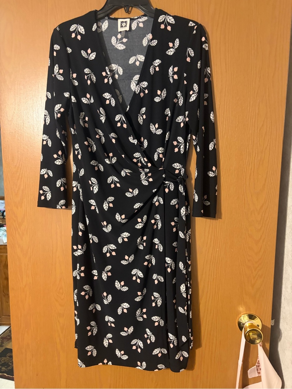 Anne Klein Black Wrap Dress with White Leaf and Pink Bud Print